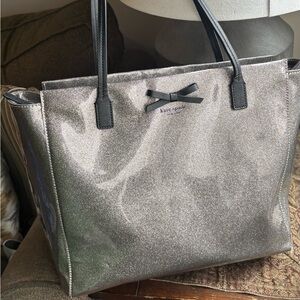 Authentic Kate Spade Glittery Silver Tote with Black handles zip top Tote
